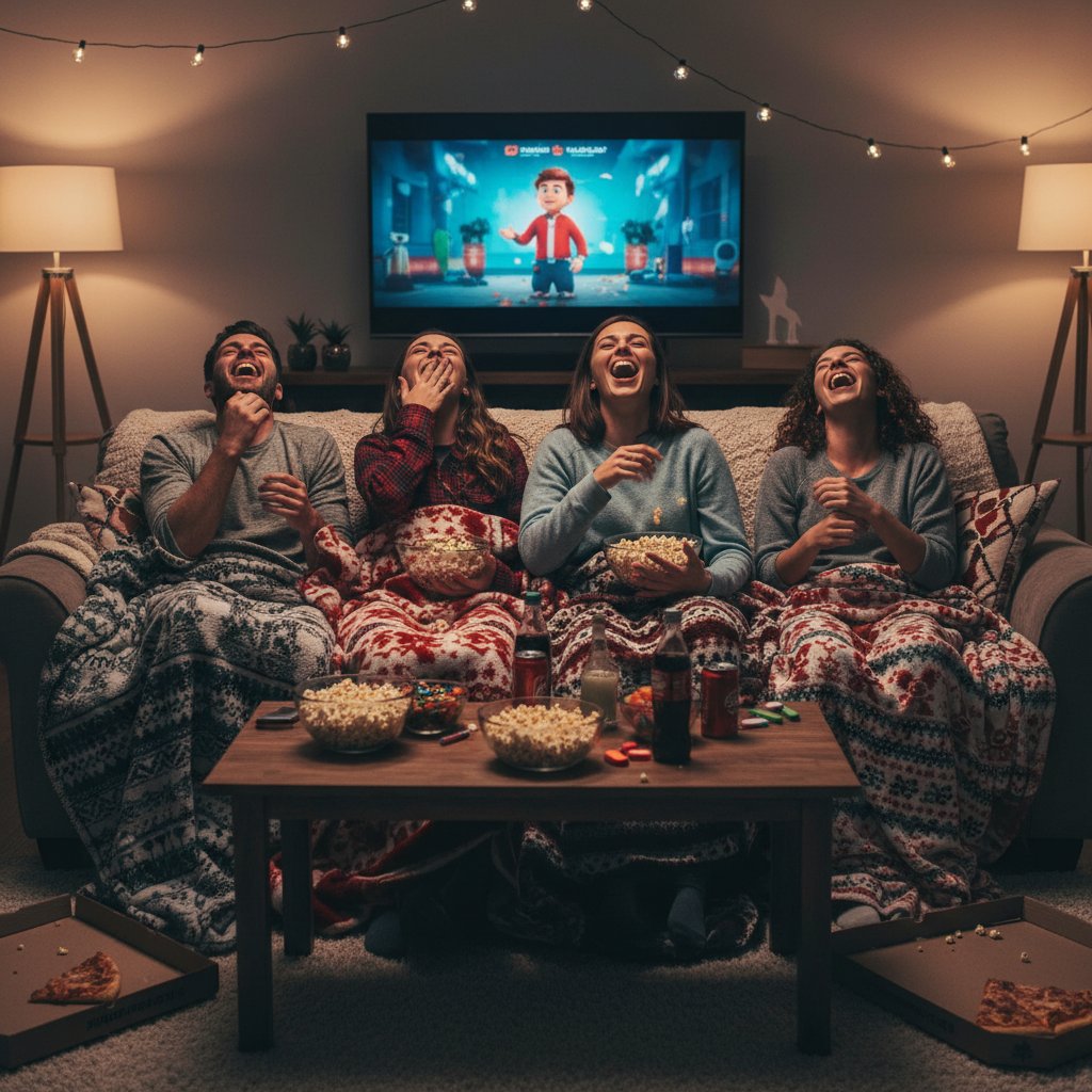 Group of friends laughing together during a movie night