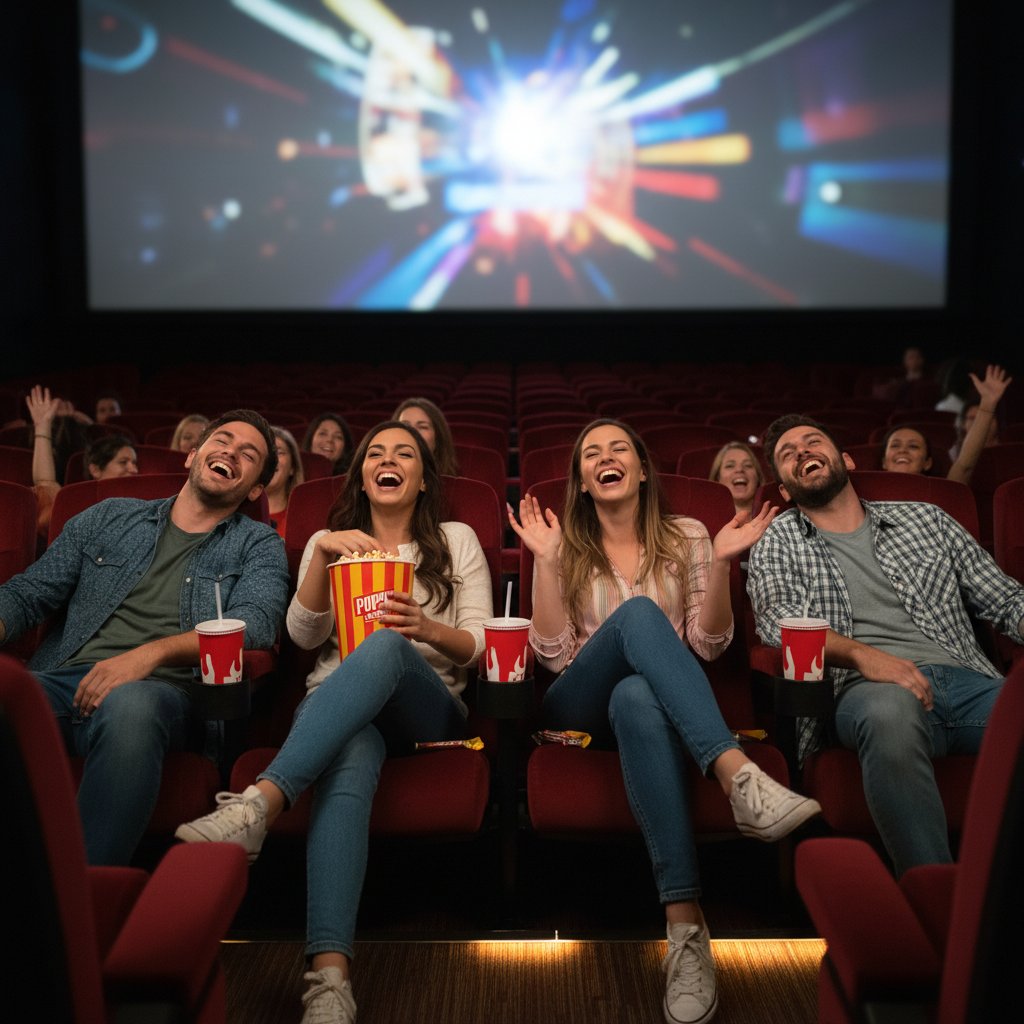 Friends smiling after watching comedy at cinema