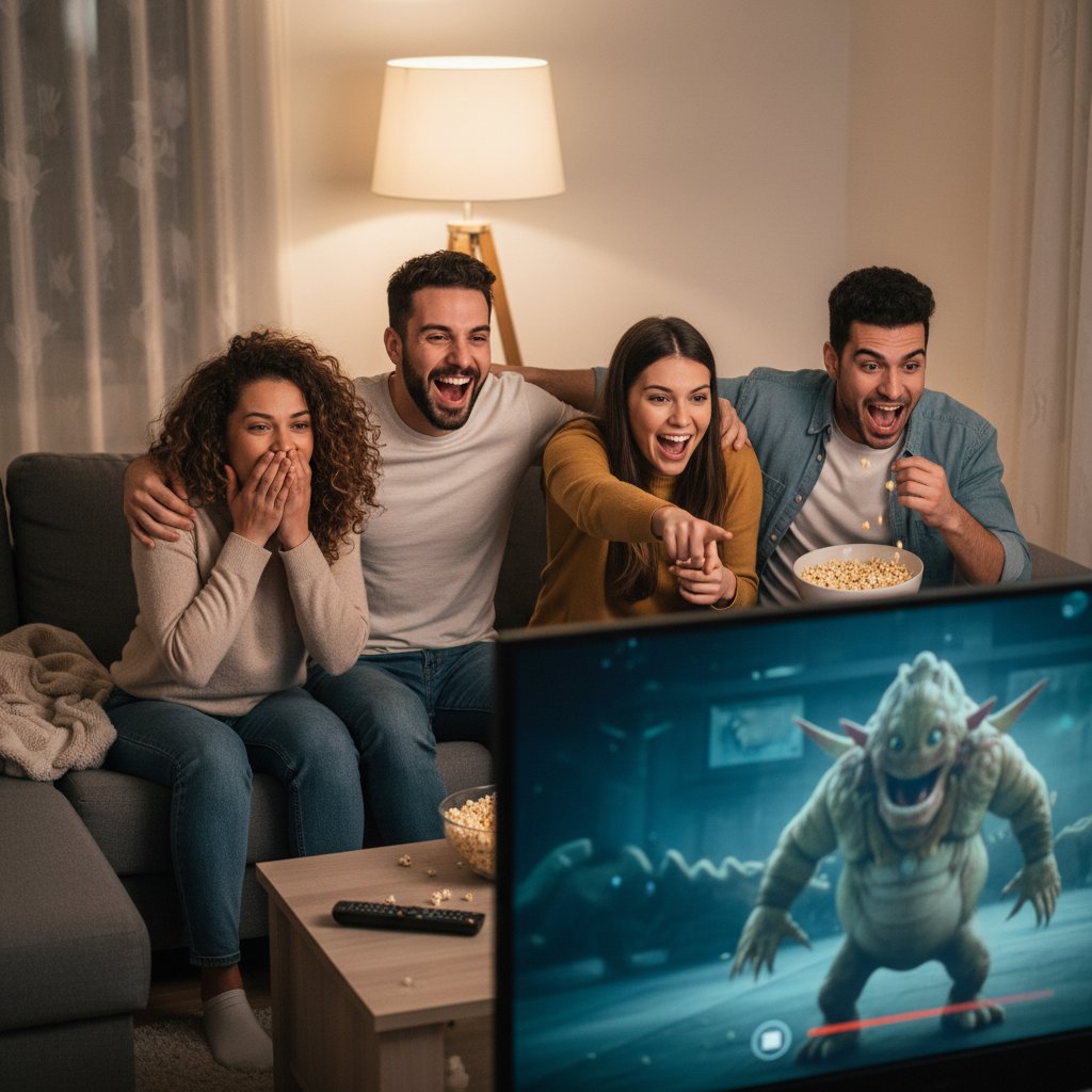 Group of friends shocked and amused by movie scene, unexpected movie recommendations