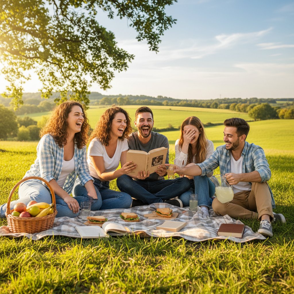 Para przyjaciół rozmawia i śmieje się podczas wspólnego czytania na pikniku