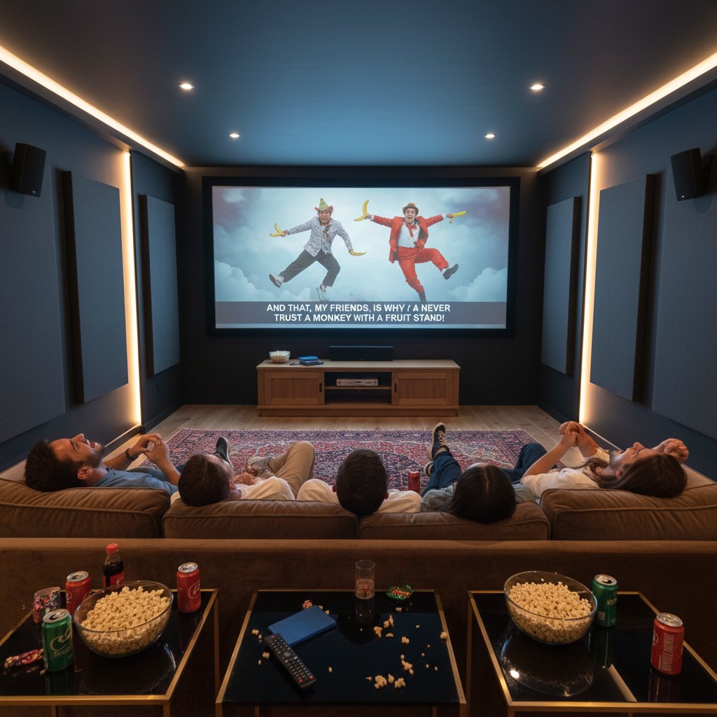 Friends enjoying a foreign comedy with subtitles on screen, sharing laughter in a warm home theater setting