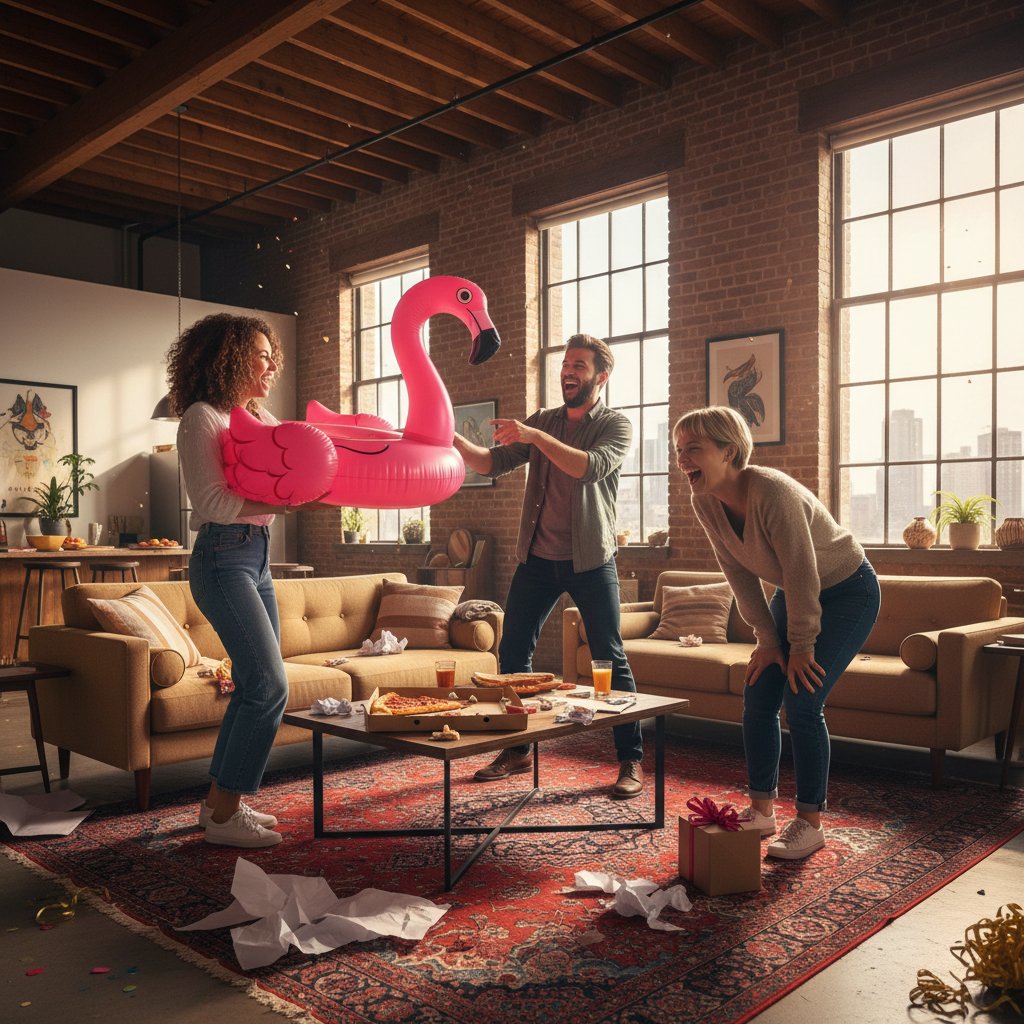 Para przyjaciół śmiejąca się i przytulająca po otwarciu nieoczekiwanego prezentu w loftowym wnętrzu