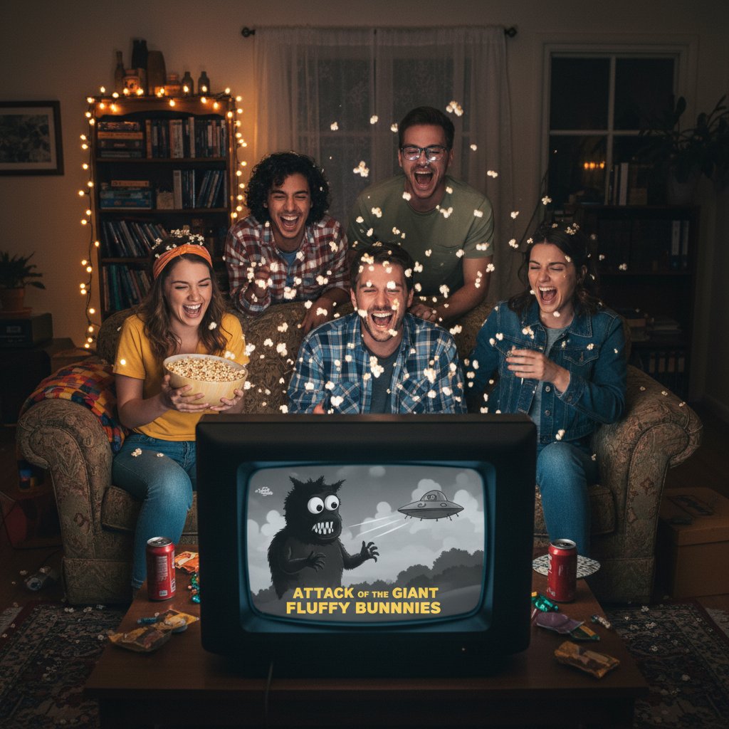 Friends laughing and watching an obscure movie at home, popcorn flying mid-air, candid joy