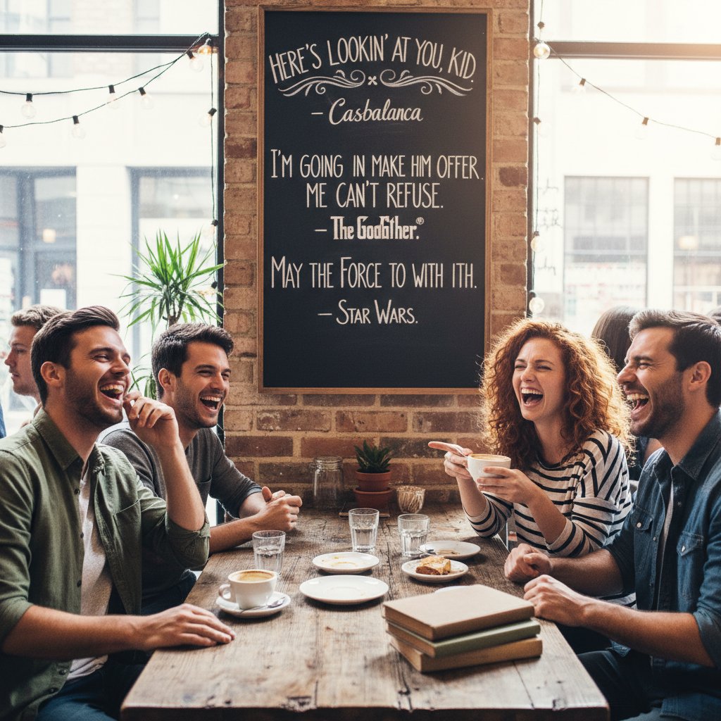 Friends bonding over movie quotes with laughter in a café