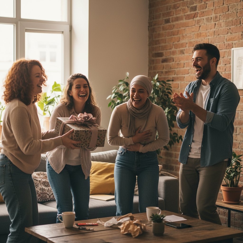 Przyjaciele śmiejący się razem podczas wręczania prezentu, atmosfera luzu i szczerości