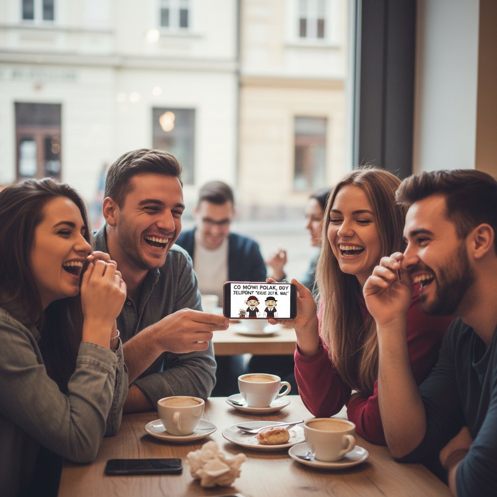 Grupa znajomych śmieje się z żartów na telefonie, integracja przez dowcipy online po polsku