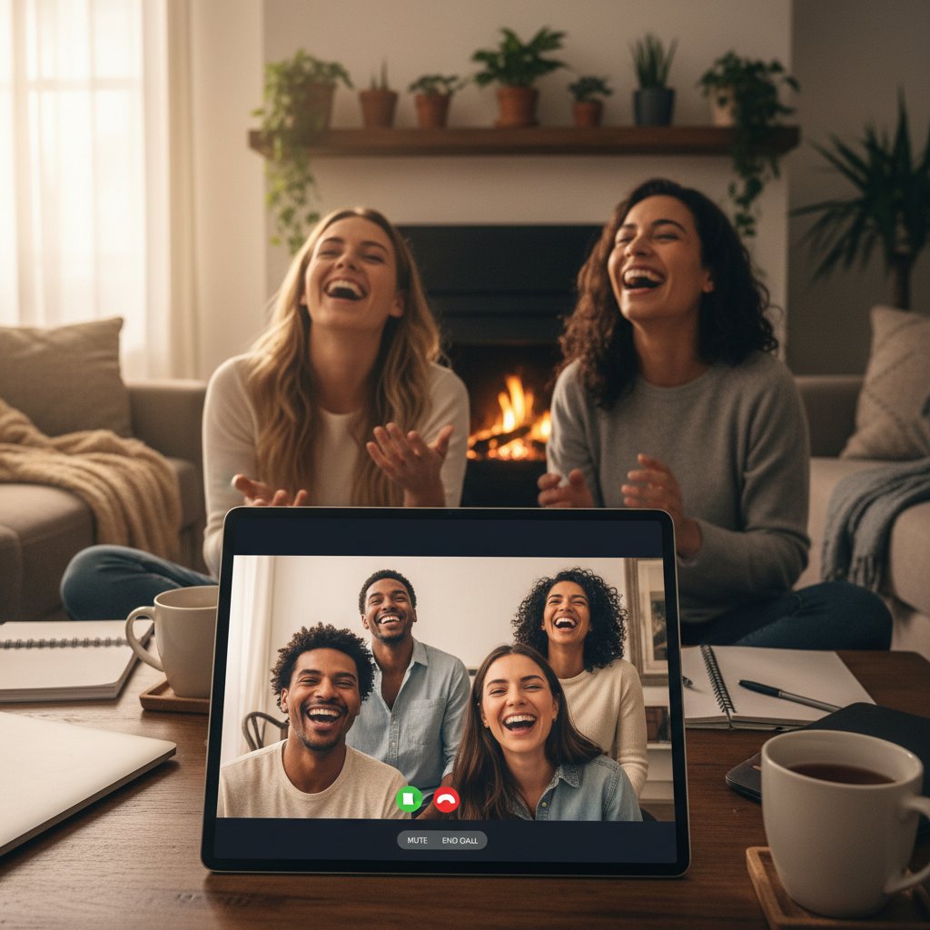 Przyjaciele śmiejący się podczas rozmowy online, rozmowy online ze znajomym klimatem