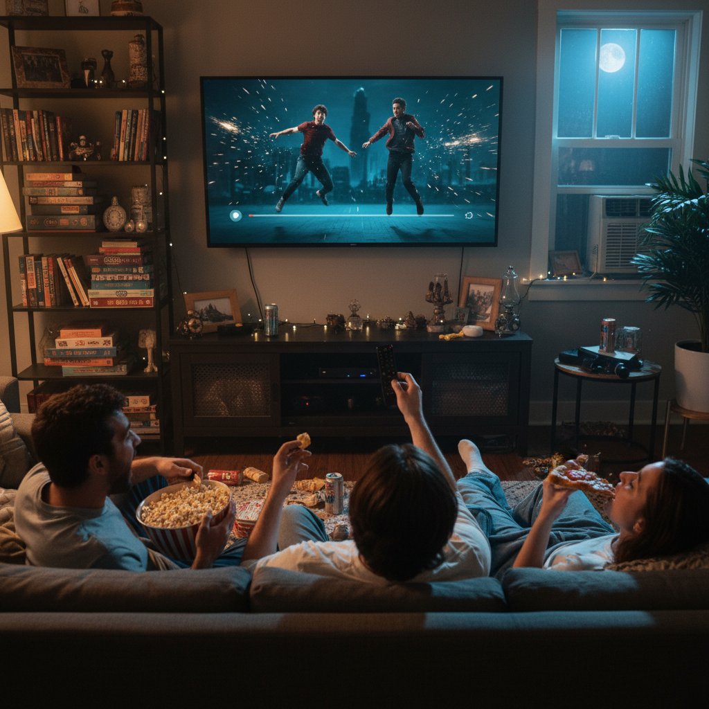 Friends gathered in a living room watching a dramatic time-stop scene, snacks everywhere, candid atmosphere symbolizing the communal joy of time-stop movie marathons