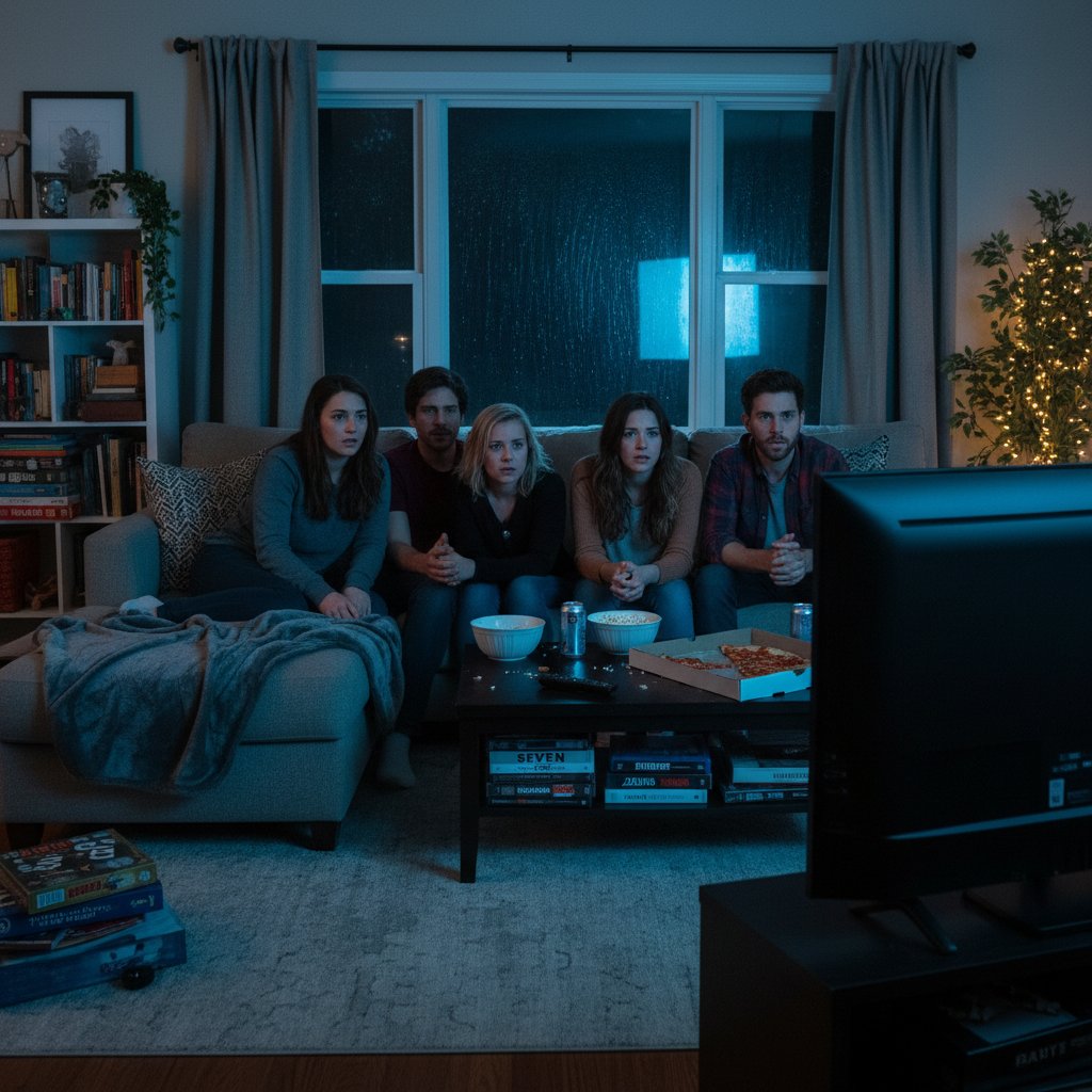 Friends gathered in a cozy living room, watching thriller movies at night, fincher marathon vibe