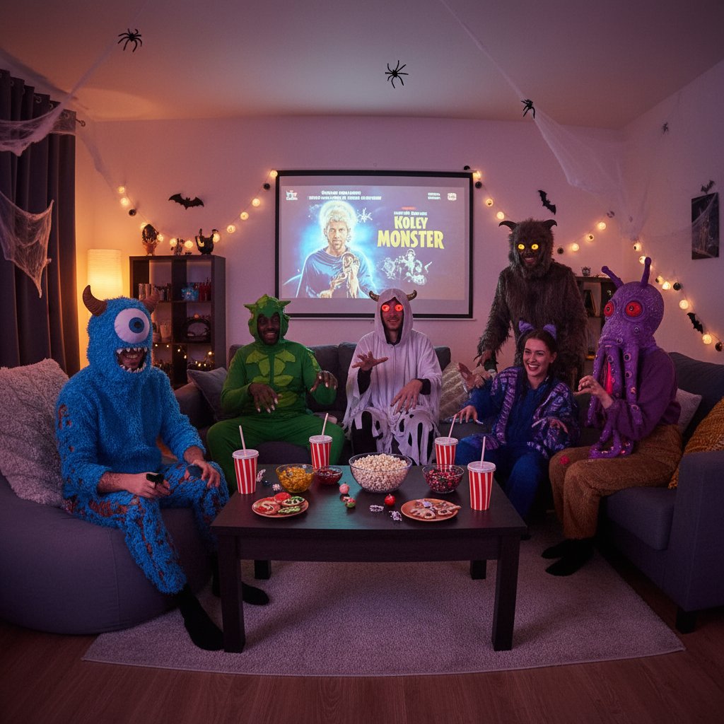 A group of friends in monster costumes watching movies and enjoying themed snacks