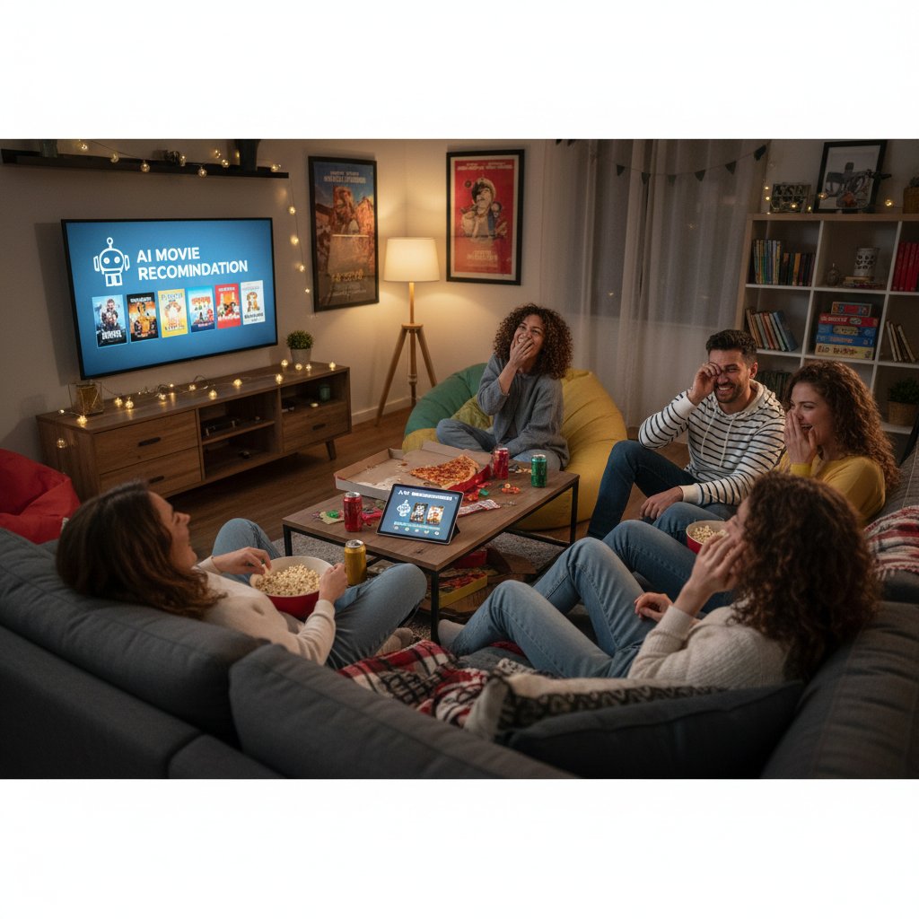 Friends gathered around for a movie recommended by AI, sharing a laugh and enjoying unexpected picks