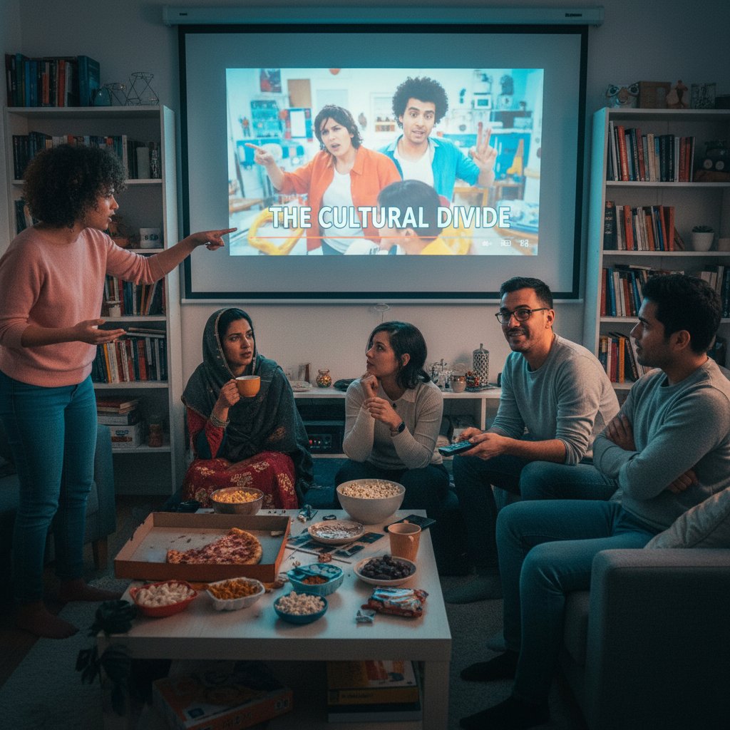Group of friends at a home movie night, engaged in lively debate over a controversial comedy