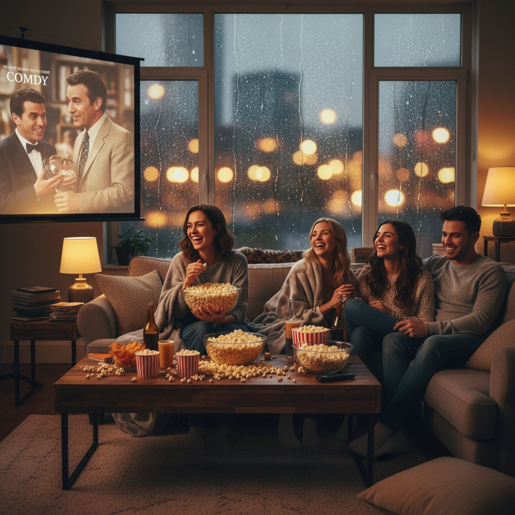 Friends bonding over a rainy day film, sharing popcorn with rainy window in background