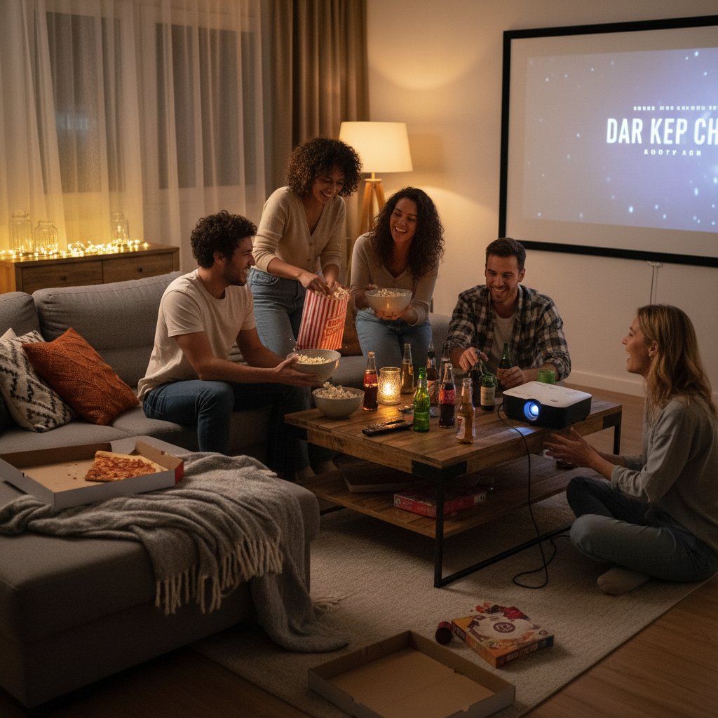 Friends gathered with popcorn and drinks for group movie night, enjoying ensemble cast film