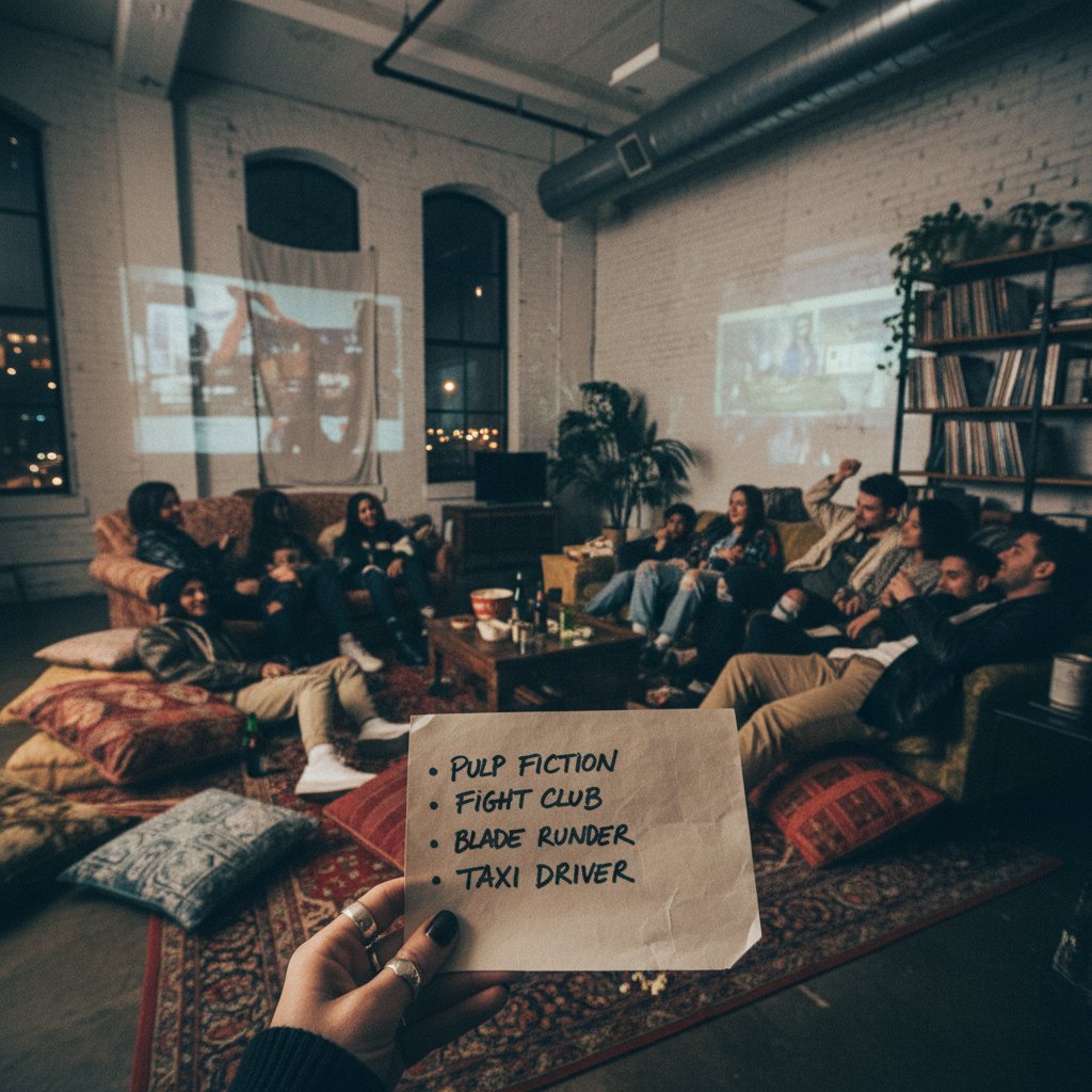 Friends gathered around a projector with a handwritten movie list in an urban loft—candid, lifestyle photo highlighting movie media discovery