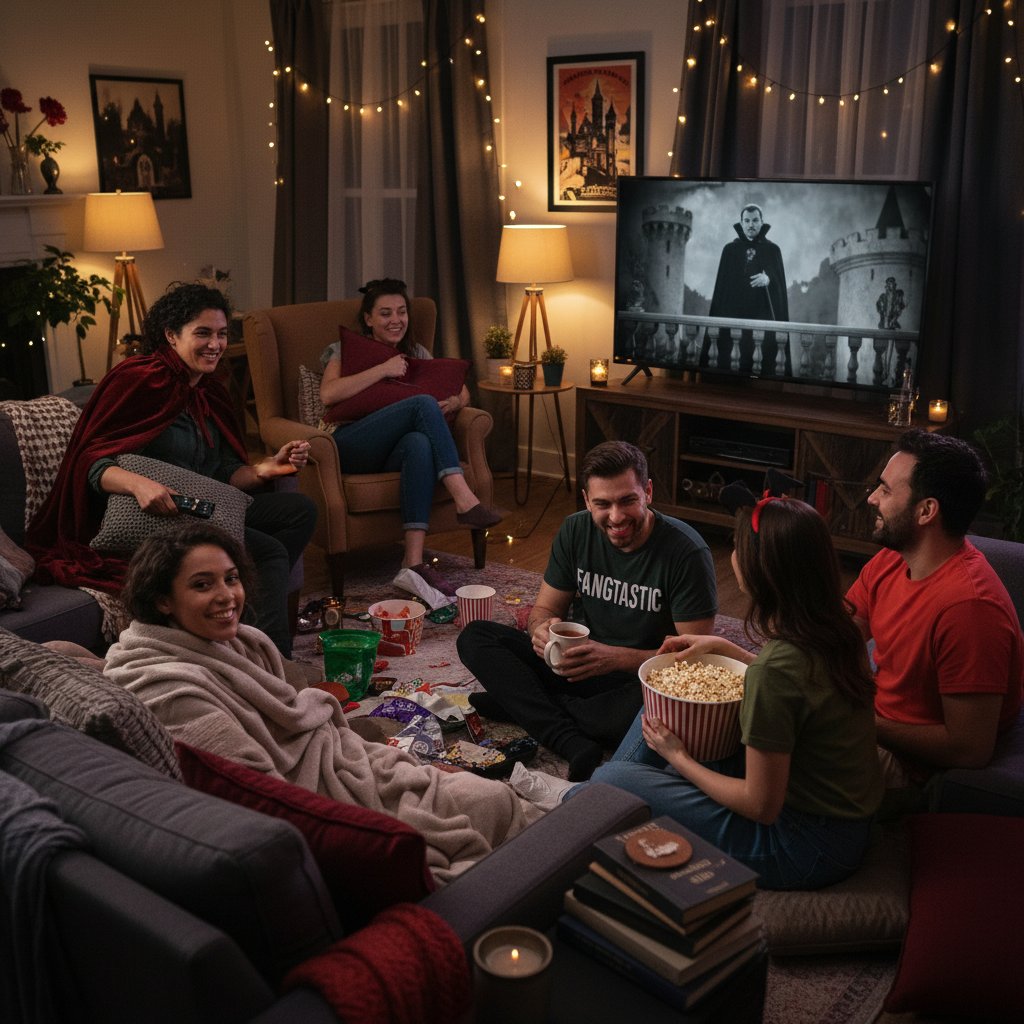Friends gathered in dimly-lit living room, projector showing vampire film, cozy-chaotic vibe