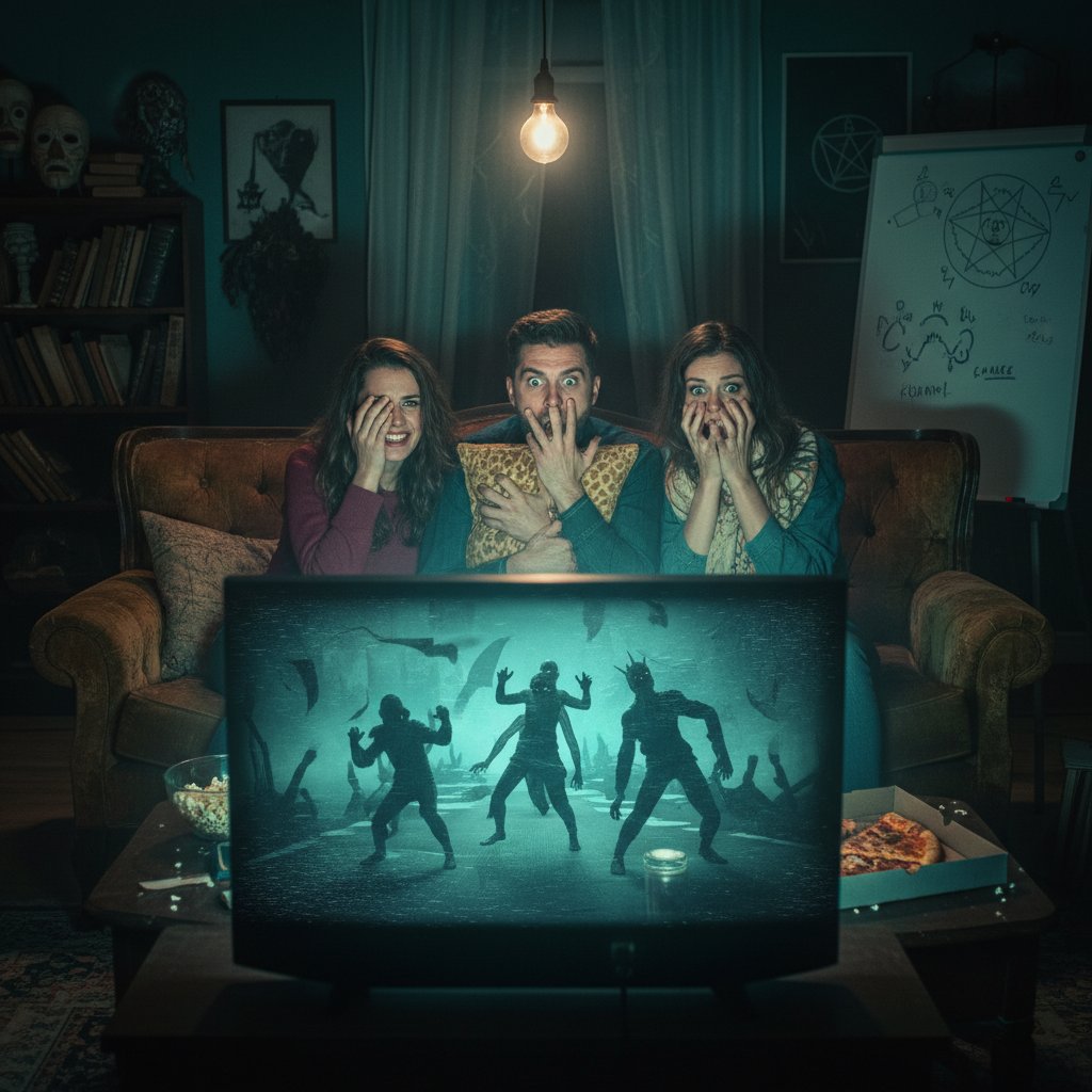 Friends gathered with nervous excitement, ready to watch a disturbing film