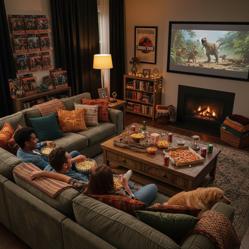 Friends on a couch surrounded by Jurassic Park memorabilia, eating dinosaur-shaped snacks, watching TV in cozy living room