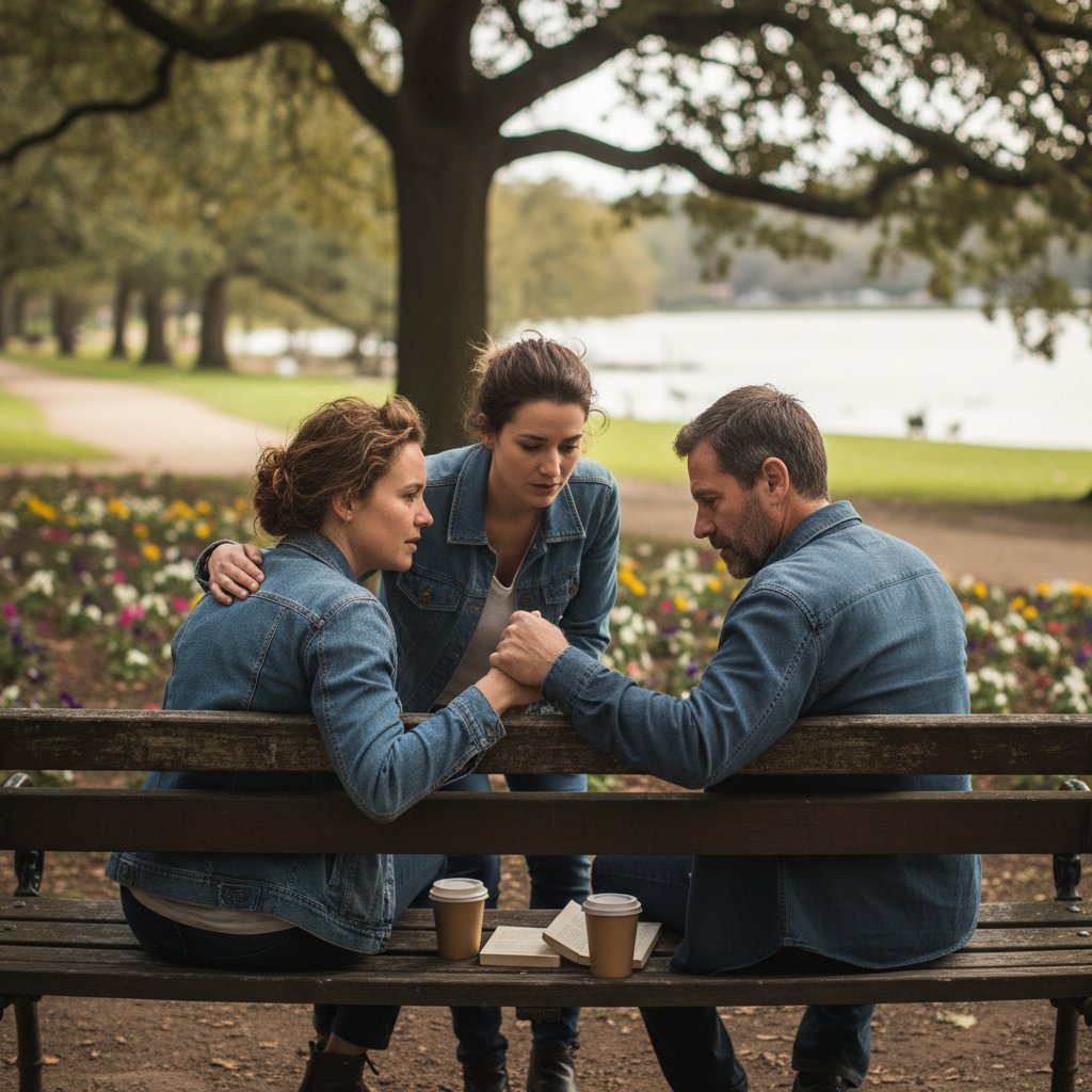 Przyjaciele na ławce w parku, jedna osoba wycofana, rozmowa o emocjach