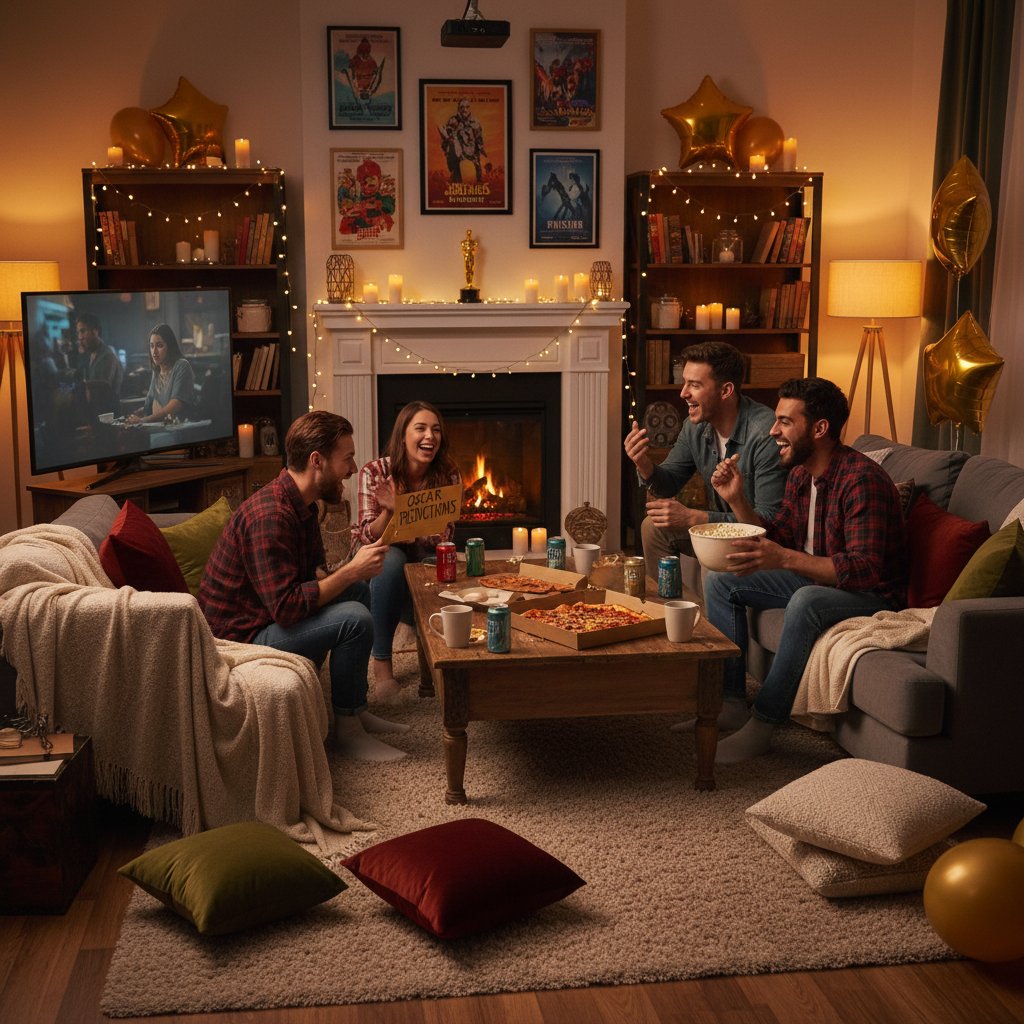 Friends laughing and debating during Oscar movie marathon in cozy living room, warm lighting, lifestyle candid