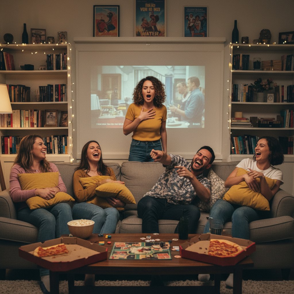 Friends laughing and quoting movies at a party