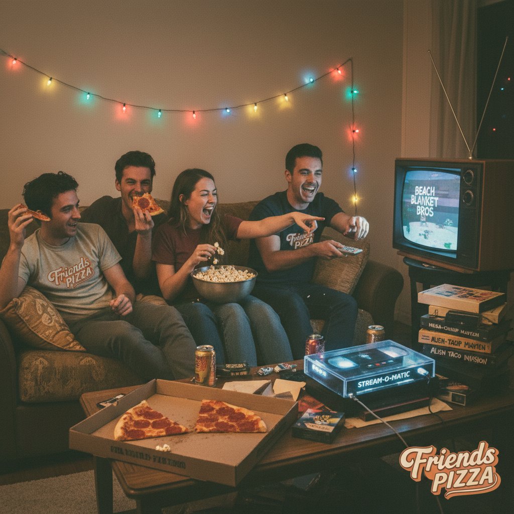 Overhead shot friends pizza VHS streaming movies lowbrow comedy marathon