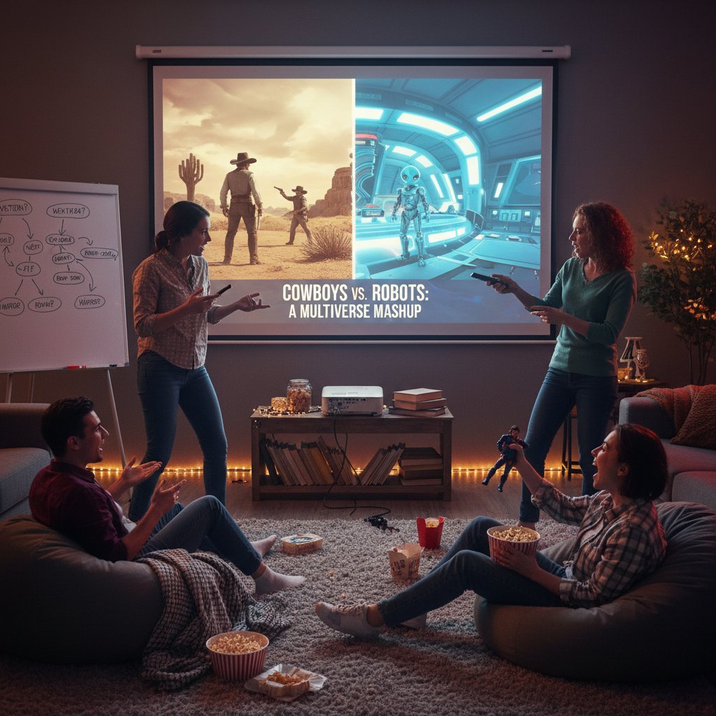 Friends gathered around a projector, energetically debating the genre of a movie after a watch party