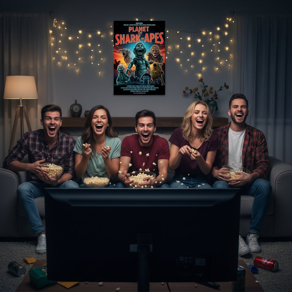 Friends reacting in disbelief to a cult bad movie, movie so bad good movies, laughter and popcorn