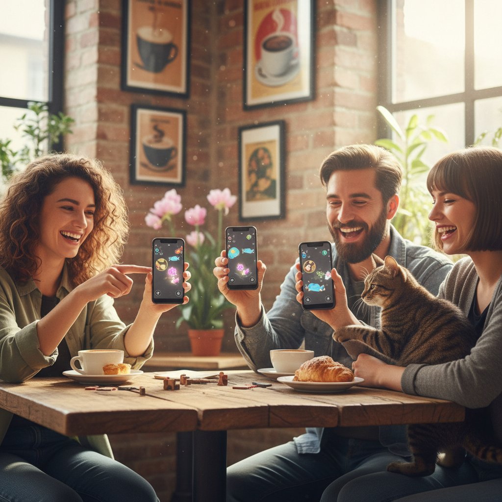 Grupa znajomych dzielących się smartfonami z grami z kotkami, uśmiechnięci w kawiarnianym wnętrzu
