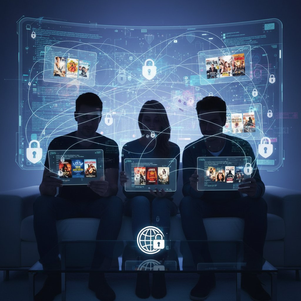 Symbolic photo of data streams between silhouetted friends, representing privacy in group movie recommendations