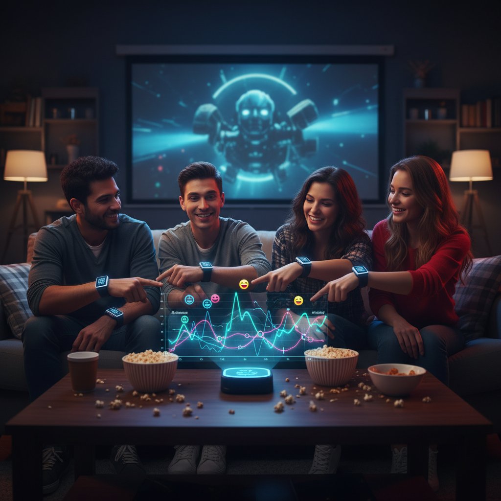 Friends wearing smartwatches, emotion graphs on screen, live mood tracking for movie picks
