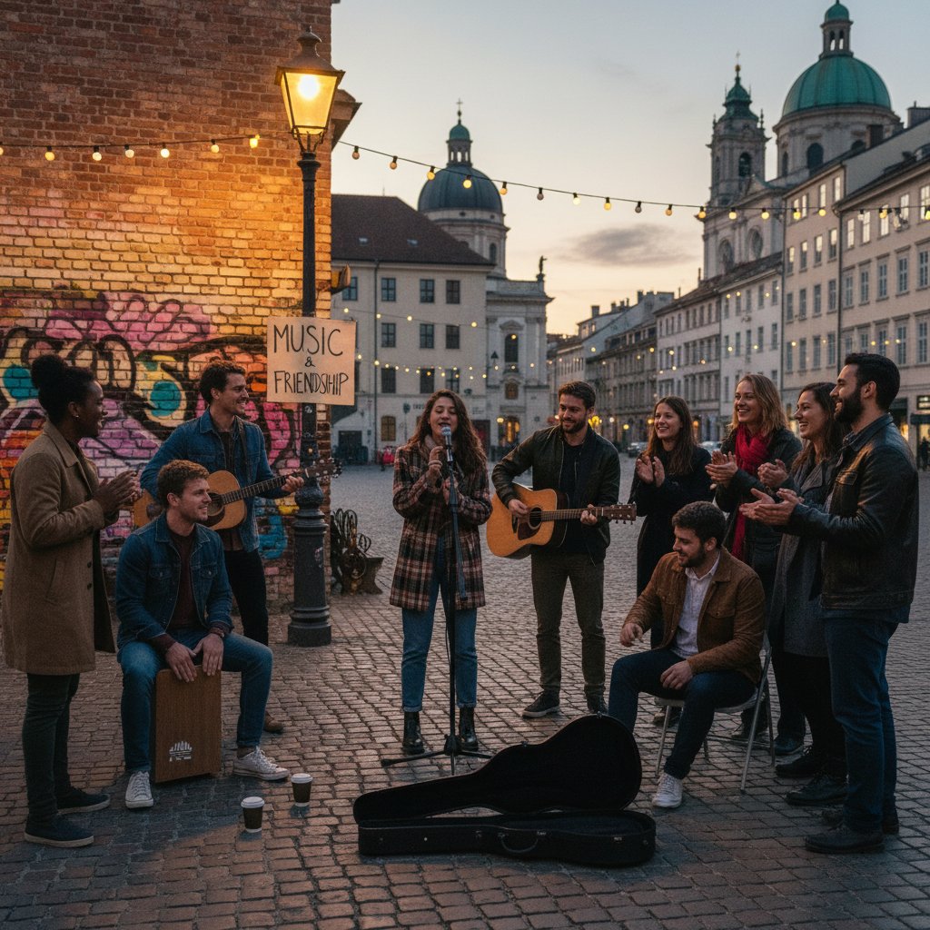 Grupa przyjaciół na spontanicznym koncercie ulicznym w centrum miasta
