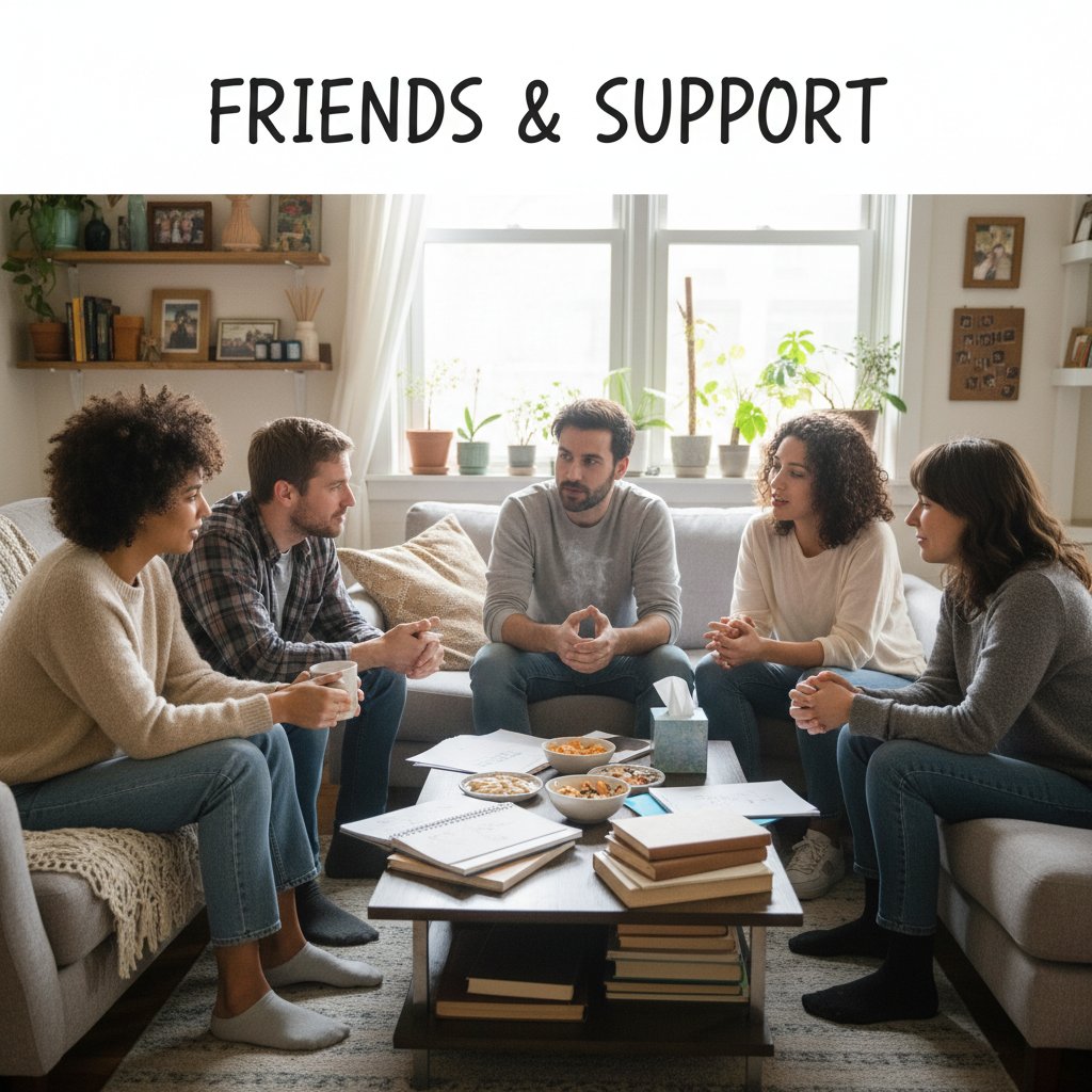 Grupa przyjaciół siedząca w kręgu, rozmawiająca i wspierająca się nawzajem