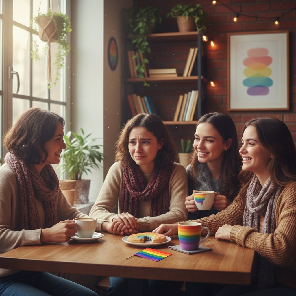 Przyjaciele wspierający osobę podczas coming outu, ciepła atmosfera kawiarni i tęczowe detale