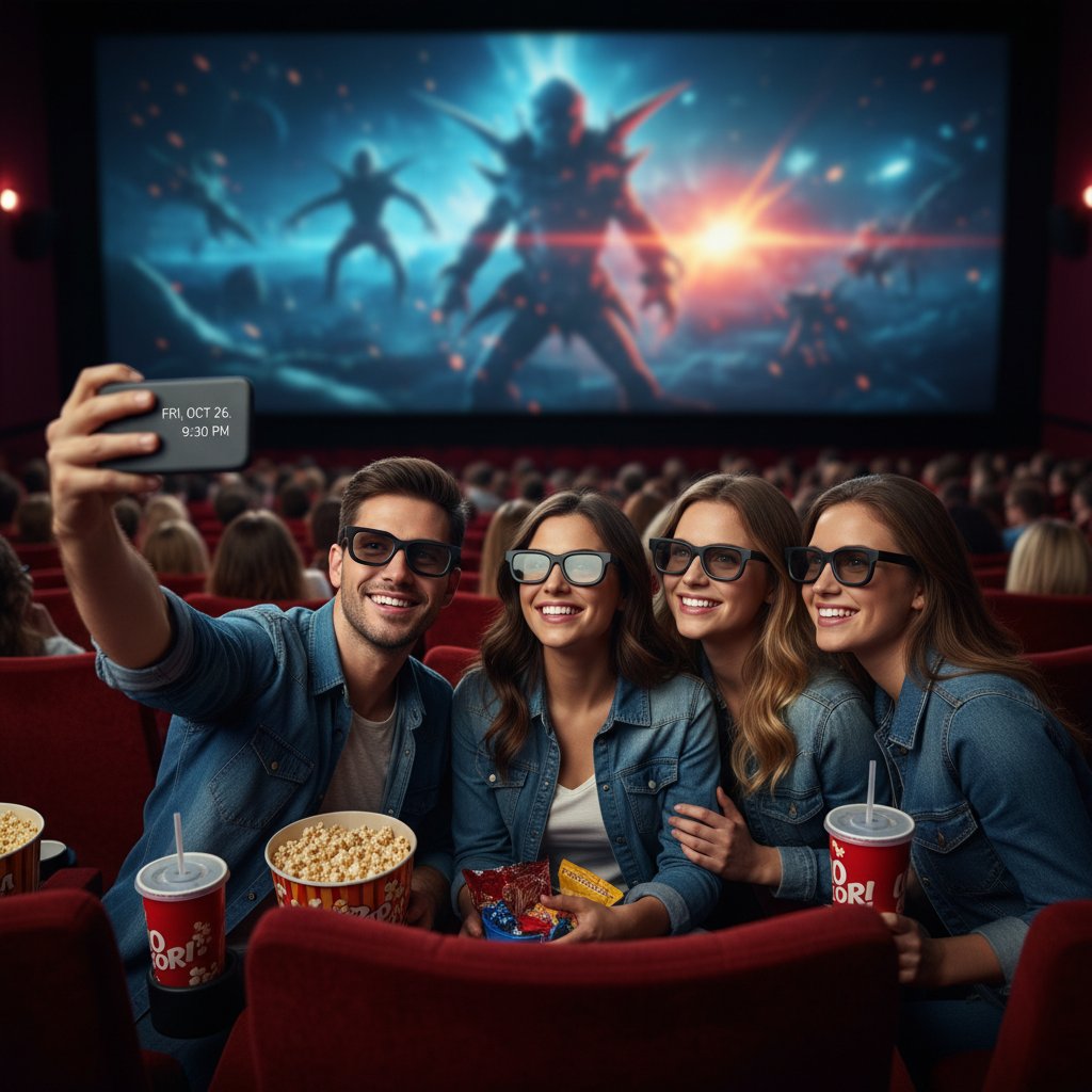Friends taking selfie at cinema, holding 3D glasses, ready for movie night