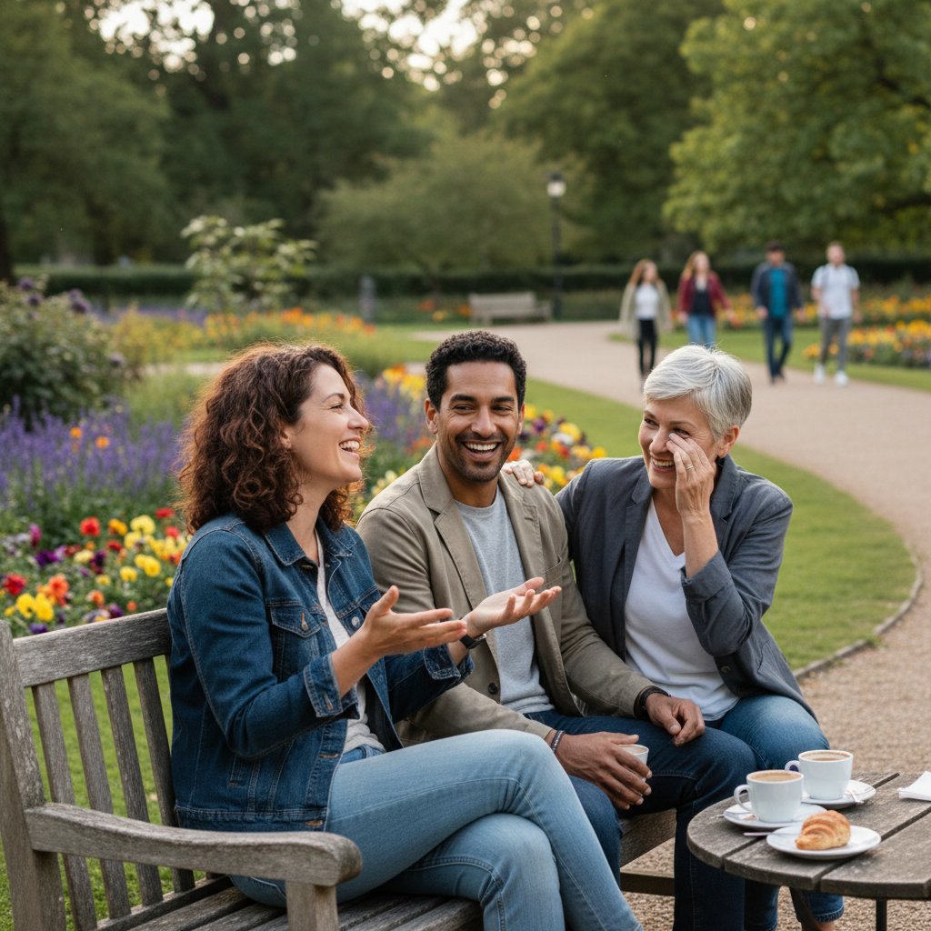 Zdjęcie przyjaciół rozmawiających na ławce w parku, szczere emocje, relacje interpersonalne