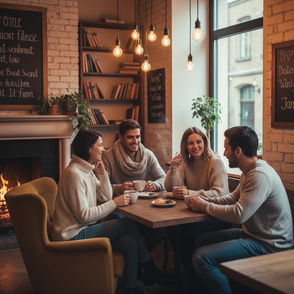 Zdjęcie osób rozmawiających swobodnie w przytulnej atmosferze, symbolizujące bezpieczne miejsce do rozmów online