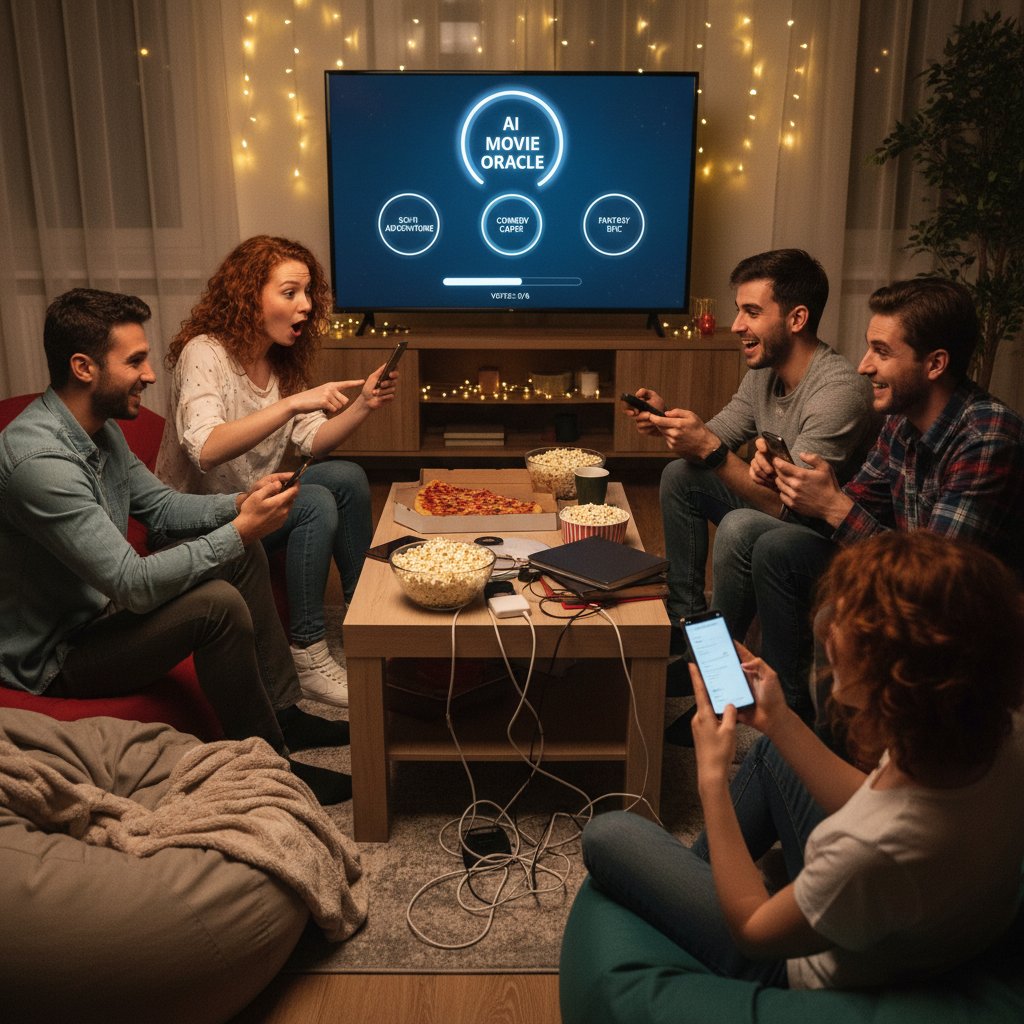 Friends using AI to vote on surprise movie night themes, vibrant and lively atmosphere