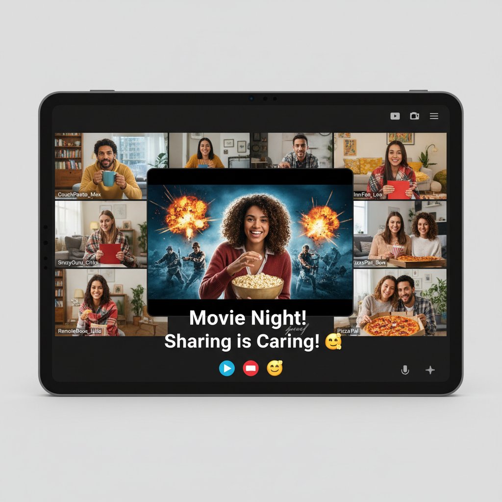 Group of friends on a video call sharing a movie, illustrating virtual date night connection