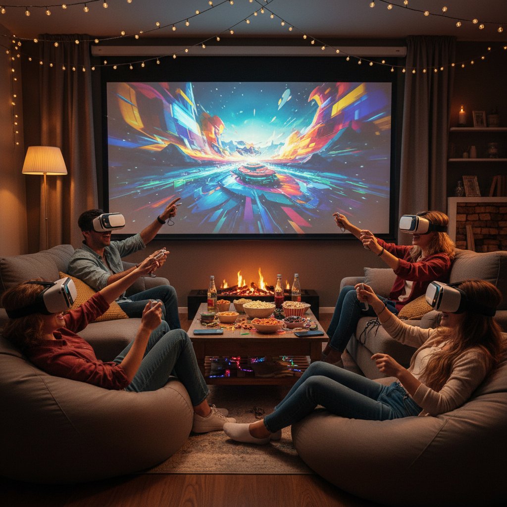 Lifestyle photo: Friends gathered for a VR movie night, cozy living room, fun and laughter