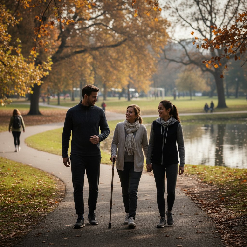 Grupa przyjaciół spacerujących po parku, powrót do normalności po WZW A