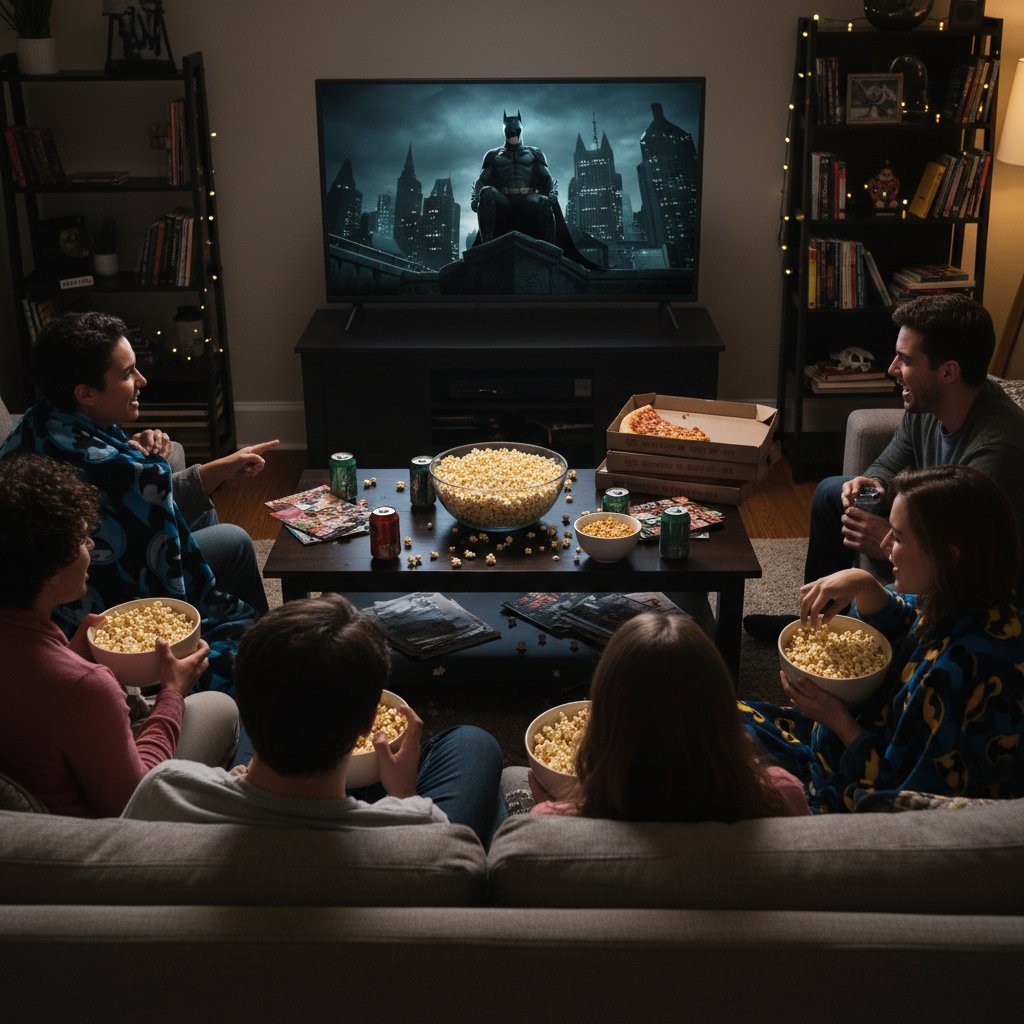Friends watching Batman movie marathon