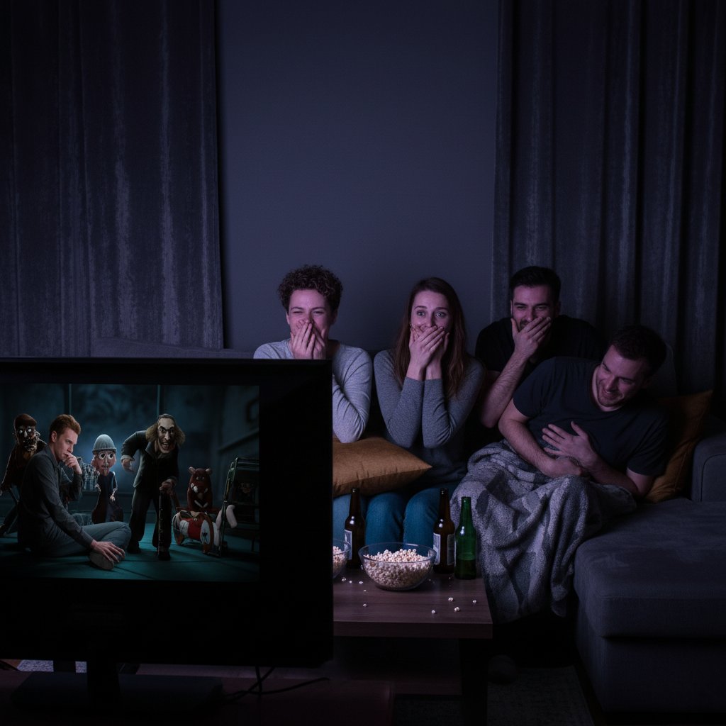 Group of friends watching a black comedy, laughing nervously in dark-lit room