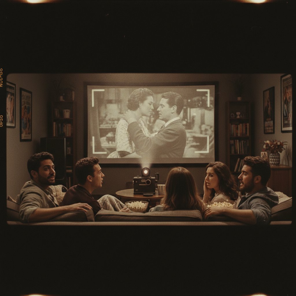 Friends watching a classic film projected on 35mm, emotional reactions to movie film stocks aesthetics