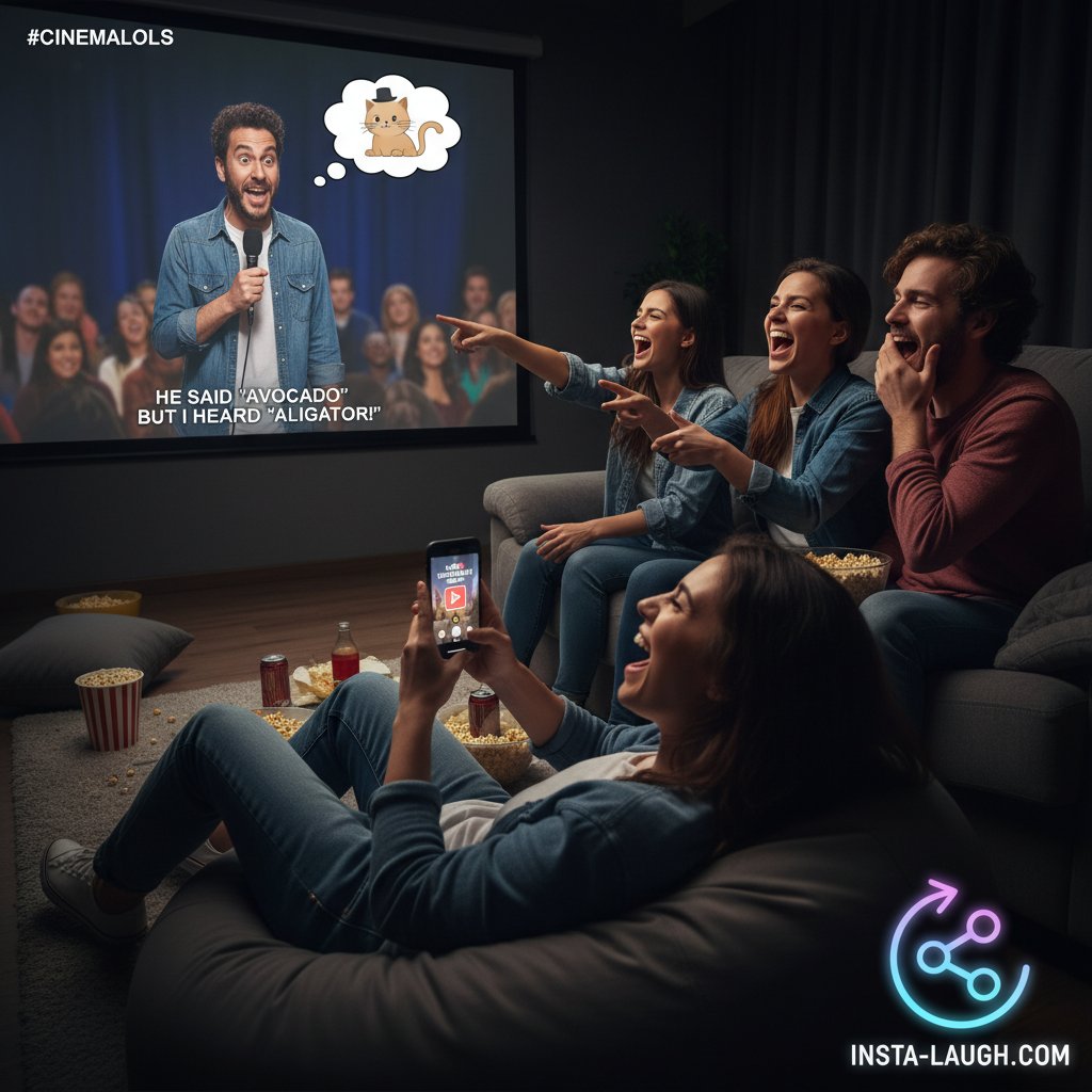 Friends capturing a viral moment while watching a comedy movie, representing meme culture and digital virality