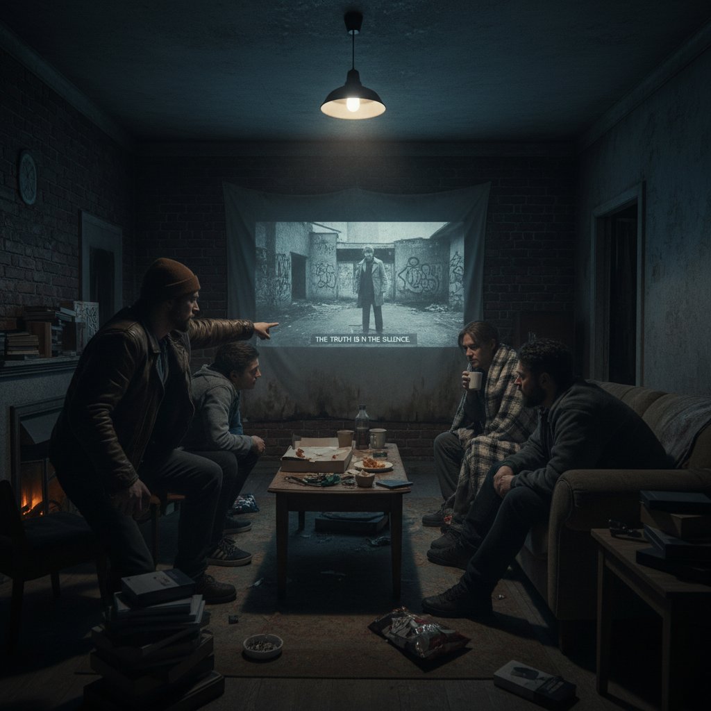 Group of friends watching cult investigation movie in dark apartment, gritty indie aesthetic, strong shadows