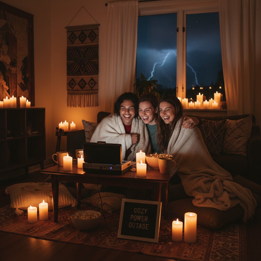 A group of friends watching a DVD movie by candlelight during a power or streaming outage, cozy vibe
