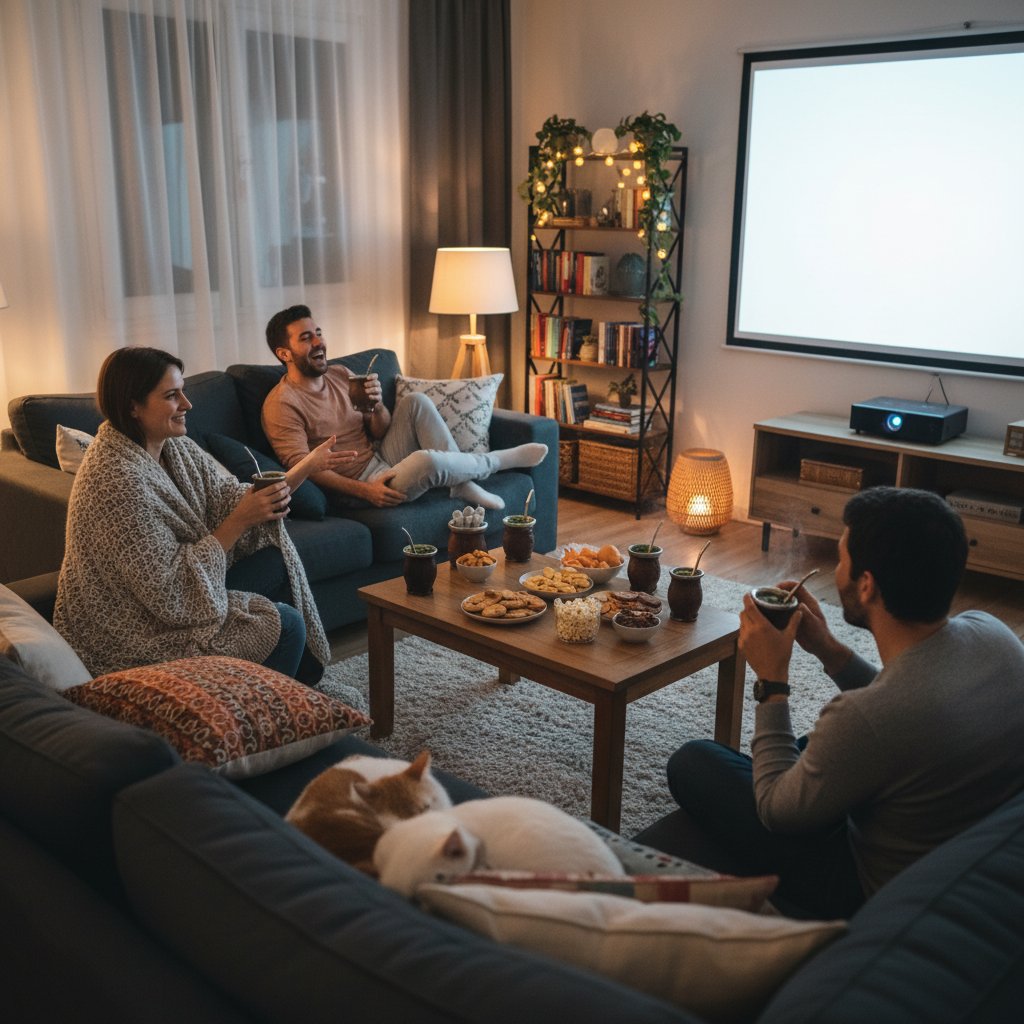 Warm inviting photo of friends watching Argentinian film, mate tea on table, cozy living room, movie posters