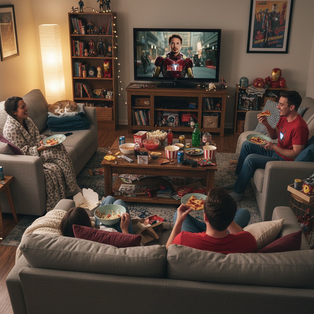 Friends watching Iron Man marathon, cozy chaos with snacks and laughter