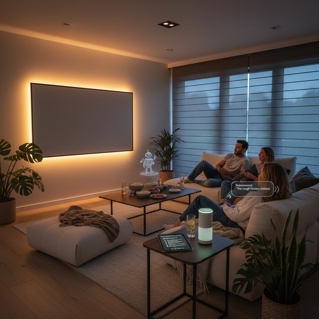 Diverse group of friends watching a movie together at home, AI-powered assistant recommending films on screen, cozy and modern